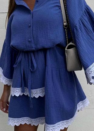 Шикарне плаття з воланами синє плаття рюшики сукня муслін платье муслин