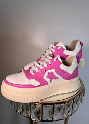Кожаные розово-белые женские кеды,36-41