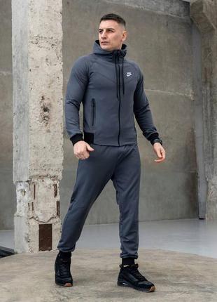 Мужской спортивный костюм nike tech осенний найк теч серый на змейке с капюшоном двунить s-xxl