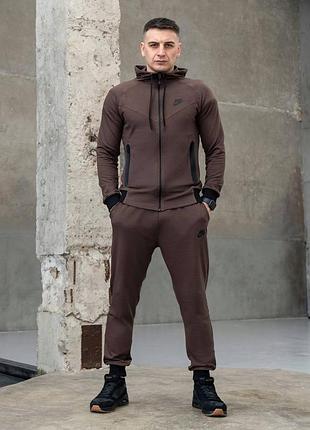 Мужской спортивный костюм nike tech осенний найк теч коричневый на змейке с капюшоном двунить s-xxl
