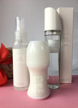 Набір pur blanca avon: т/вода, дезодорант, спрей для тіла