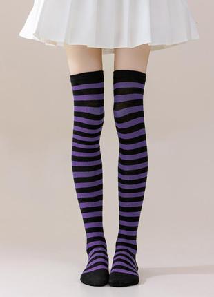 Гольфи фіолетово-чорні 35-40 довгі шкарпетки смугасті 4199 трикотажні заколінки чорно-фіолетові