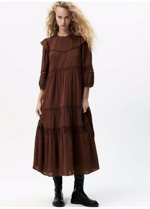 Zara коричневое платье-миди с вышивкой