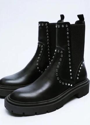 Шкіряні черевики челсі zara, жіночі берци, чоботи з заклепками, турція