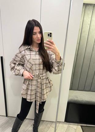 Женская рубашка в клетку с поясом 💗 бежева сорочка 💗 женская рубашка клетка