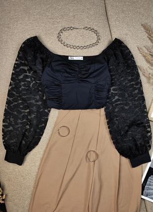 Блуза zara xs топ з об'ємними рукавами / леопард / з бавовни   / блузка