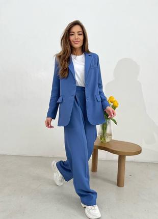 Костюм двойка женский классический брючный пиджак жакет на пуговицах на подкладке брюки брюки палаццо с карманами синий костюмка