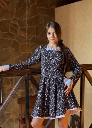 Платье детское подростковое, с длинным рукавом, романтичное, нарядное, цветочное, темное в цветочный