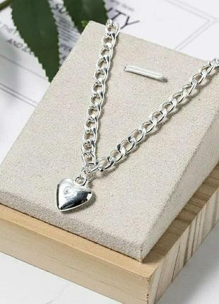 Большая цепь чокер с подвеской сердце серебро, ожерелье чокер сердечко2 фото