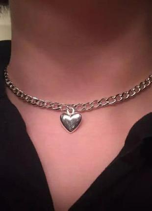 Большая цепь чокер с подвеской сердце серебро, ожерелье чокер сердечко