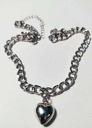 Большая цепь чокер с подвеской сердце серебро, ожерелье чокер сердечко8 фото