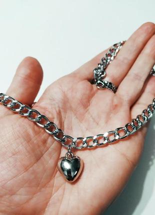 Большая цепь чокер с подвеской сердце серебро, ожерелье чокер сердечко9 фото