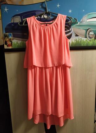Нарядное летнее платье оранжевого цвета свободного кроя для девочки 8-9 лет, рост 128-134 см.