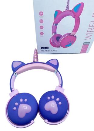 Детские наушники с ушками catear unicorn me2-cu bluetooth беспроводные с led подсветкой и microsd до 32гб   hs-308