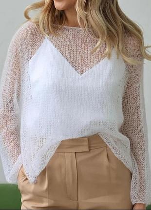 Светр павутинка колір білий, повітря в'язаний светр оверсайз