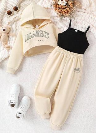 Стильний спортивний костюм для дівчинки трійка топ худі укорочена спортивні штани