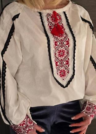 Колоритна блуза вишиванка, українська вишиванка з мереживом, етно сорочка з вишивкою2 фото