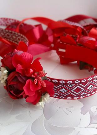 Чильце украинское красно-бордовое с лентами, веночек