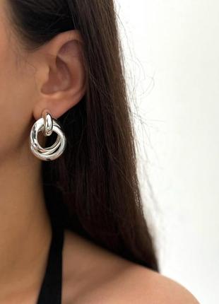 Серебряные стильные праздничные большие серьги в стиле минимализм