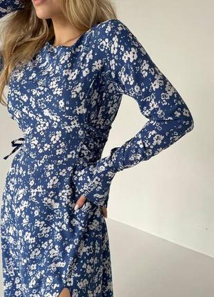 Женское длинное платье, платье миди с разрезом на ноге и завязками на талии с длинными рукавами в цветочный принт