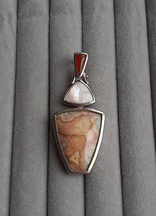Шикарный серебряный кулон с агатом, сердоликом и перламутром