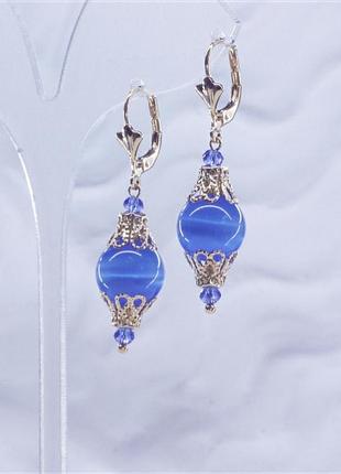 Сережки котяче око синій натуральний природний камінь, швенза позолота