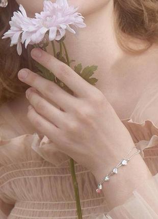 Браслет две цепочки с нежно-розовыми сердцами, двойной браслет на руку, серебряное покрытие 925 пробы, длина 16+4 см