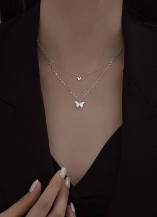 Ланцюжок срібний подвійний з кулонами метелики з фіанітів, подвійна підвіска, срібло 925 проби,довжина 35+4.5 см