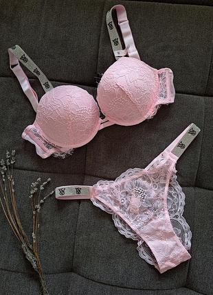 Набор белья victoria's secret со стразами, оригинал, с лифом пуш-ап 34с/75с, 36с/80с, трусики-бразильянки s,m