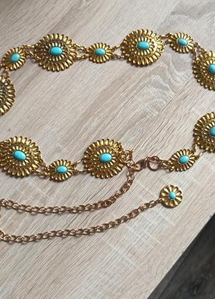 Вінтажна поясна прикраса ланцюг на пояс з камінцями бірюзи