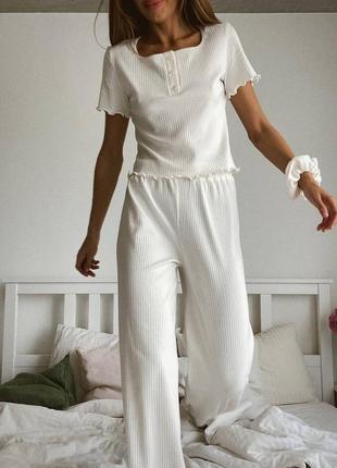 Женская пижама тройка штаны и футболка и шорты в рубчик | 082