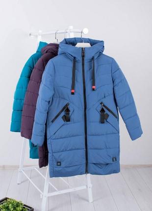Стильная синяя зимняя куртка плащ пальто большой размер батал3 фото