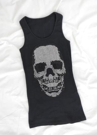 Хлопковая майка в рубчик со стразами с черепом принт череп с черепом майка хлопок