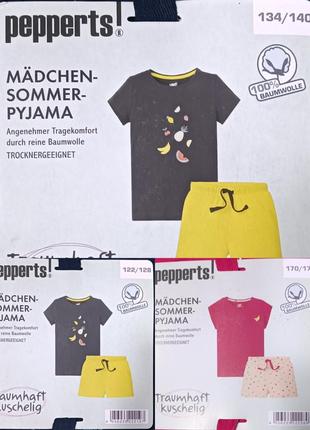 Летняя пижама для девочки, футболка шорты pepperts рост 122/128  170/176