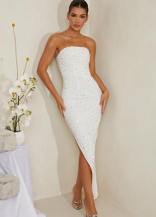Вечернее коктельное нарядное праздничное блестящее платье макси длинное разрез камушки белое oh polly