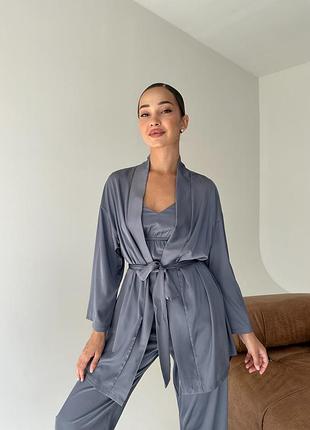 Комплект четверка шелковый с брюками майкой халатом и шортами