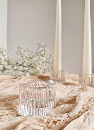 Стеклянный прозрачный низкий подсвечник.набор стеклянных подсвечников. стекляный прозрачный подсвечник. набор стекляных подсвечников