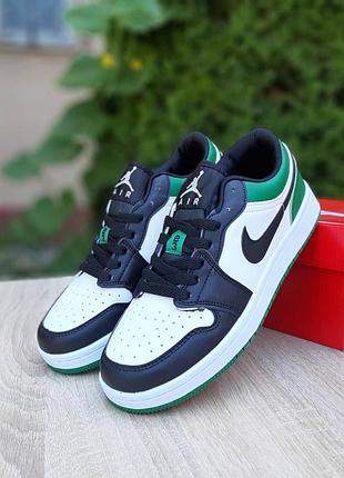 Мужские качественные и стильные кроссовки nike air jordan 1 low низкие белые с черным и зеленым