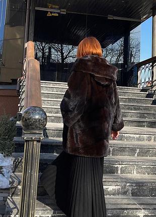 Шуба норкова з капюшоном крій кімоно темний шоколад оверсайз8 фото