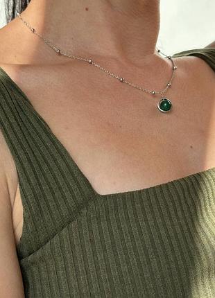 Подвеска серебряная агатовая зеленый шар, кулон с натуральным камнем, серебро 925 пробы, длина 40+5 см