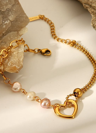 Браслет нержавеющая сталь stainless steel сердце речные жемчужинки