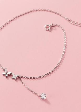 Браслет на ногу серебряная бабочка, анклеты с фианитами, серебро 925 пробы, длина 21+3 см