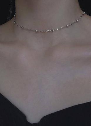 Подвеска-чокер минимализм, короткая цепочка с маленькими шариками, серебряное покрытие 925 пробы, длина 38+4см
