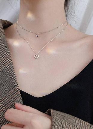 Двойная цепочка два сердца, короткая цепочка с кулоном из фианитов, серебряное покрытие 925 пробы, 40+5 см