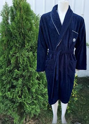 Чоловічий халат синій велюр/махра з вишивкою