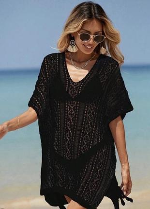 Туника черная пляжная ажурная кимоно
