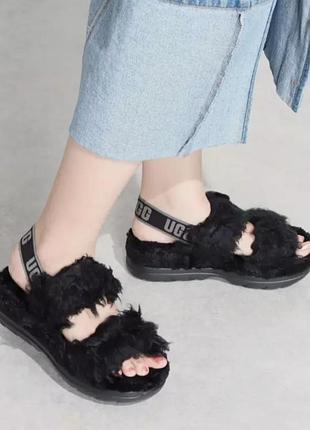 Меховые сандалии тапки ✨ugg fluff bluza sandal✨ чёрные тапочки с мехом плюшевые тапки сандали