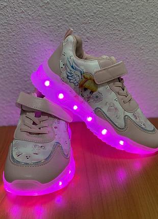 Детские led кроссовки ангел для девочки 34 розовые с usb зарядкой