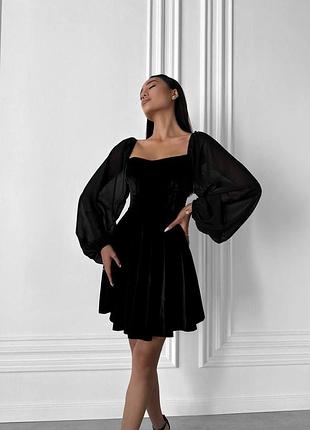 🌈 чорна, бордо! шикарна велброва нарядна жіноча сукня з шифоновими рукавами женское платье шифон велюр бархат чорна чорний чорне жіноче плаття