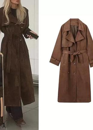 Женский замшевый коричневый плащ, тренч zara, s